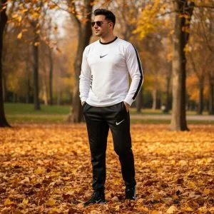ست تیشرت شلوار آستین بلند سفید مشکی NIKE مدل 1832